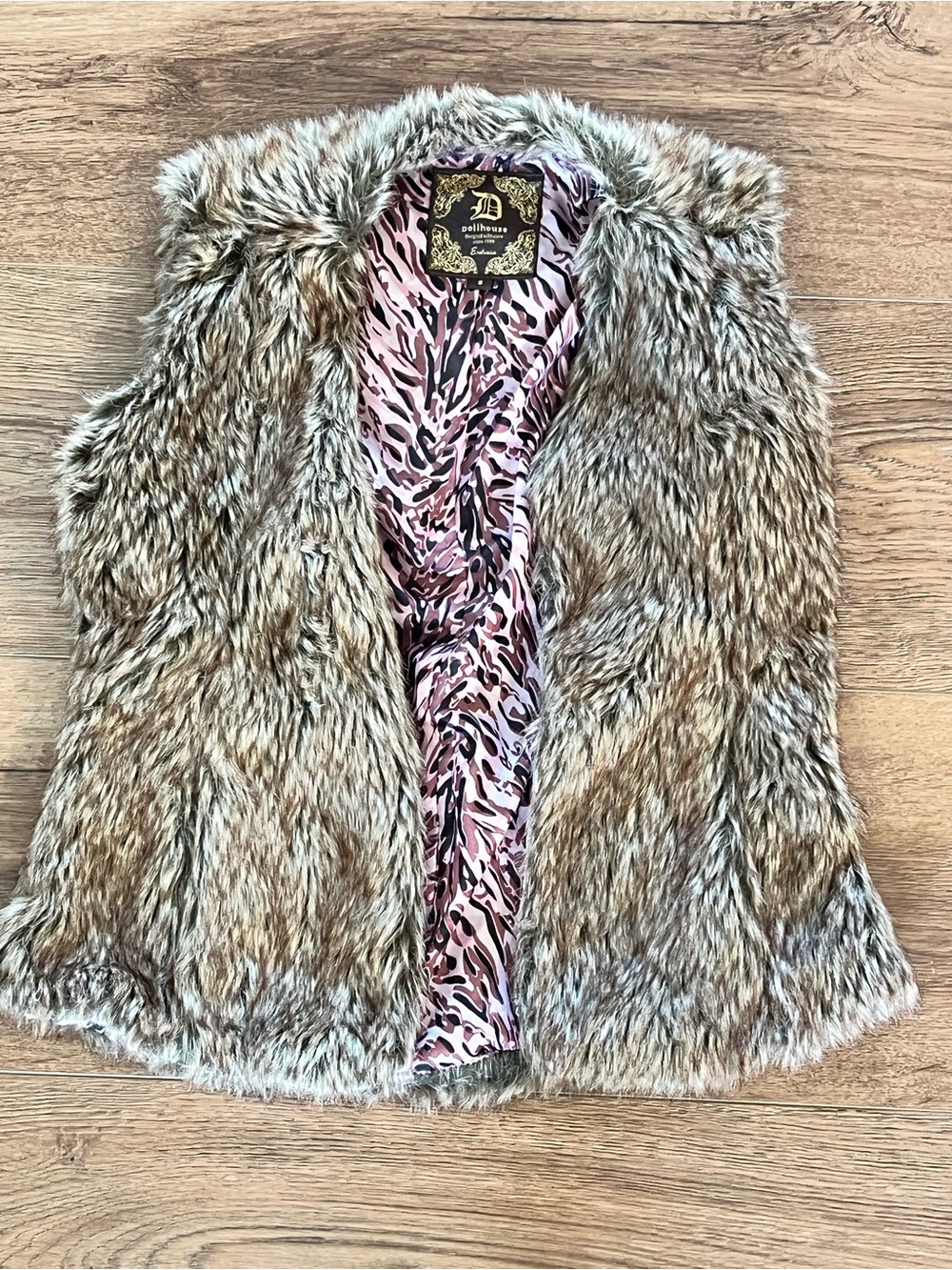 Dollhouse Faux Fur Vest with Pink Animal-Print Lining